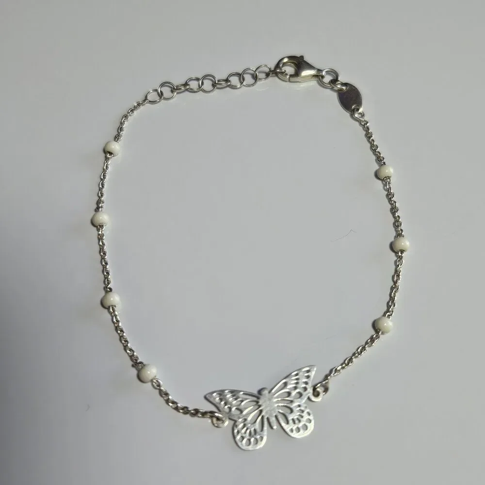 Vintage Dyadema Sterling Silver Butterfly Bracelet White Bead 6.5-7.5